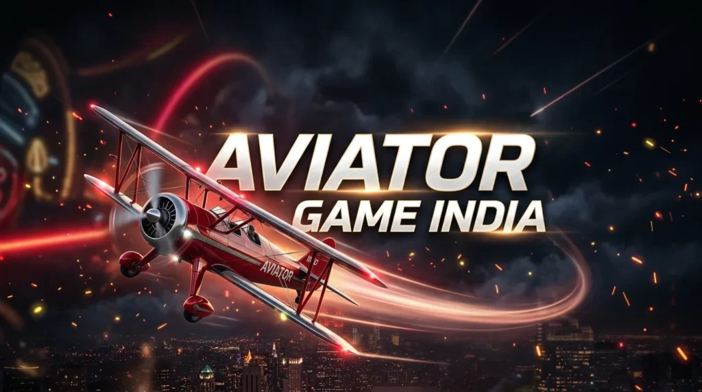Promotional banner titled "AVIATOR GAME INDIA" featuring a red vintage biplane flying dynamically through a glowing trail over a dark city skyline at night with sparks.