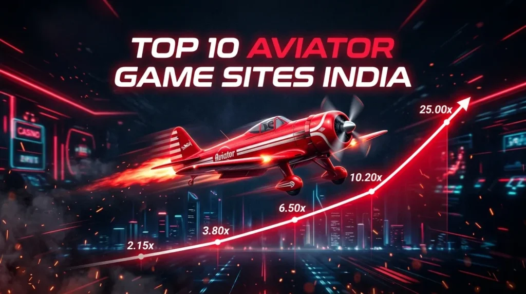 Marketing graphic titled "TOP 10 AVIATOR GAME SITES INDIA" showing a red propeller aircraft flying upward along a glowing multiplier line chart with markers ranging from 2.15x to 25.00x over a futuristic city backdrop.